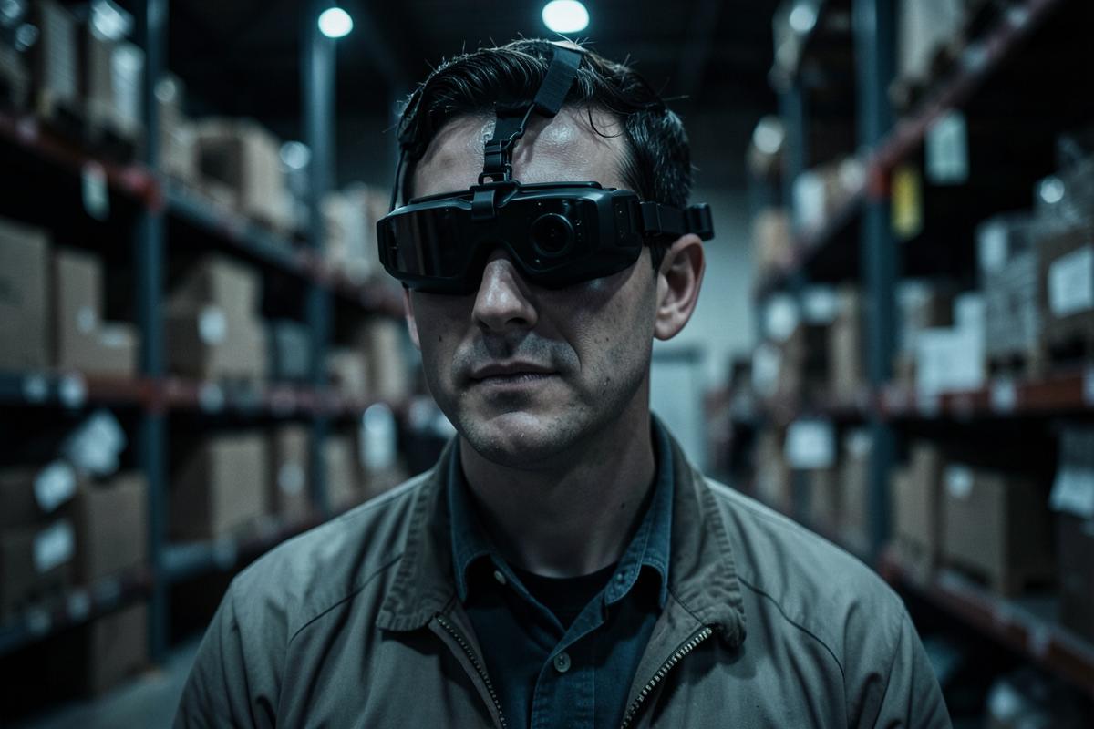 Operator wearing a head-mounted capture rig in a warehouse